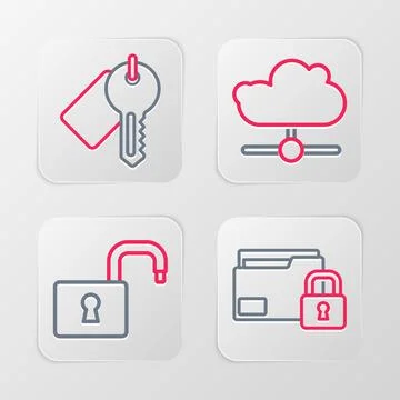 Set line Folder and lock, Open padlock, Network cloud connection and Marked key Stock Illustration
