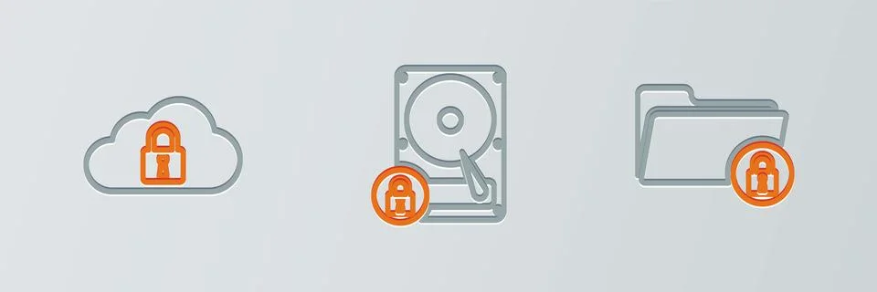 Set line Folder and lock, Cloud computing and Hard disk drive icon. Vector Stock Illustration
