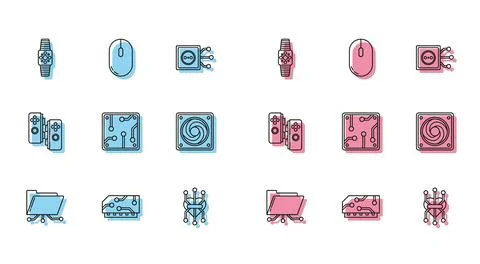 Set line Folder and lock, RAM, random access memory, Smartwatch, Processor Illustrazione stock