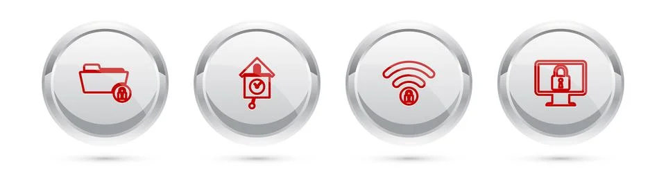 Set line Folder and lock, Retro wall watch, Wifi locked and Lock on monitor Illustrazione stock