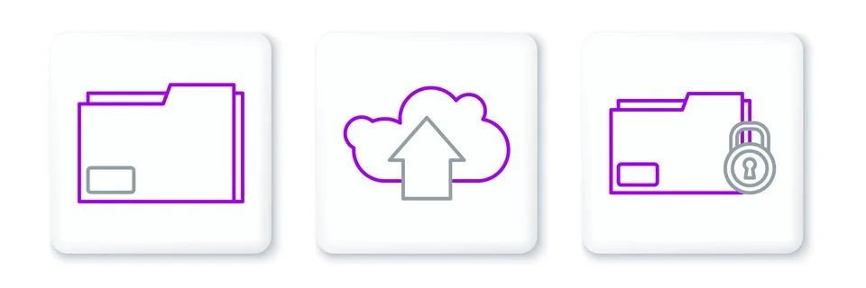 Set line Folder and lock, Document folder and Cloud upload icon. Vector Stock Illustration