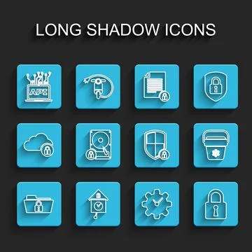 Set line Folder and lock, Retro wall watch, Computer api interface, Time Stock Illustration