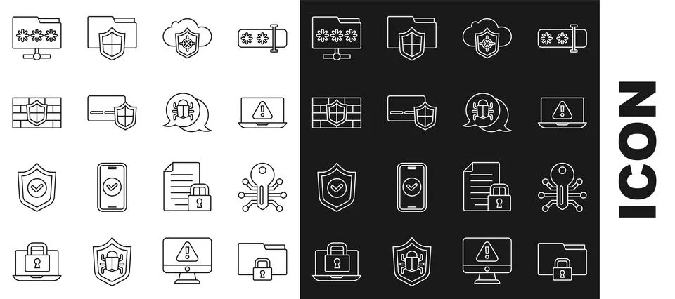 Set line Folder and lock, Smart key, Laptop with exclamation mark, Cloud shield Stock Illustration