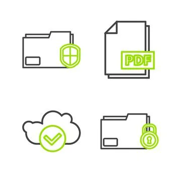 Set line Folder and lock, Cloud with check mark, PDF file document and Document Illustrazione stock