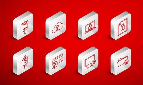 Set line Folder and lock, Cloud computing, Laptop, Document, Lock on monitor イラスト素材