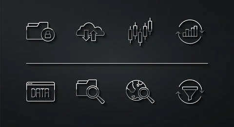 Set line Folder and lock, Data analysis, Pie chart infographic, Search globe Illustrazione stock