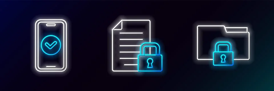Set line Folder and lock, Smartphone and Document icon. Glowing neon. Vector Ilustración de archivo
