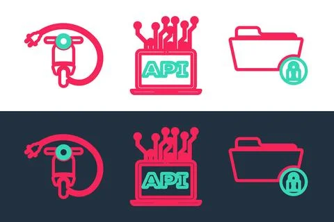 Set line Folder and lock, Electric scooter and Computer api interface icon... Illustrazione stock