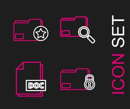 Set line Folder and lock DOC file document Search concept with folder and Doc Stock Illustration