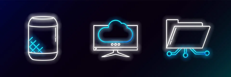 Set line Folder and lock, Voice assistant and Computer monitor screen icon... Stock Illustration