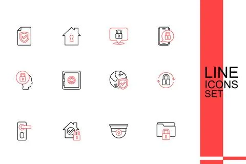 Set line Folder and lock, Security camera, House under protection, Fingerpr.. Illustrazione stock
