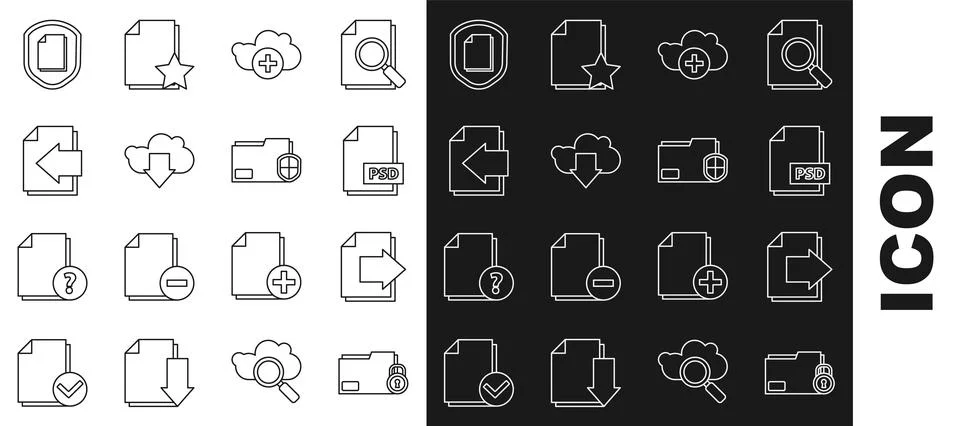 Set line Folder and lock, Next page arrow, PSD file document, Add cloud, Cl.. Illustrazione stock