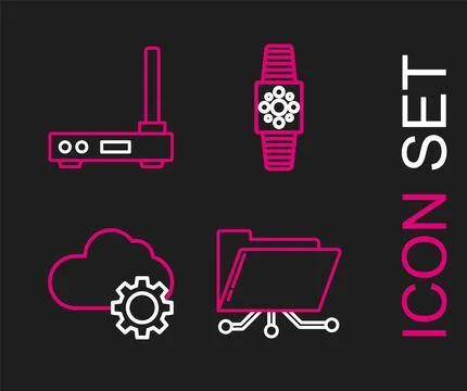 Set line Folder and lock, Cloud technology data transfer storage, Smartwatc.. Stock Illustration