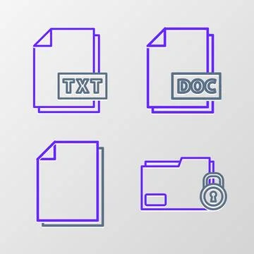 Set line Folder and lock, Document, DOC file document and TXT icon. Vector Stock Illustration