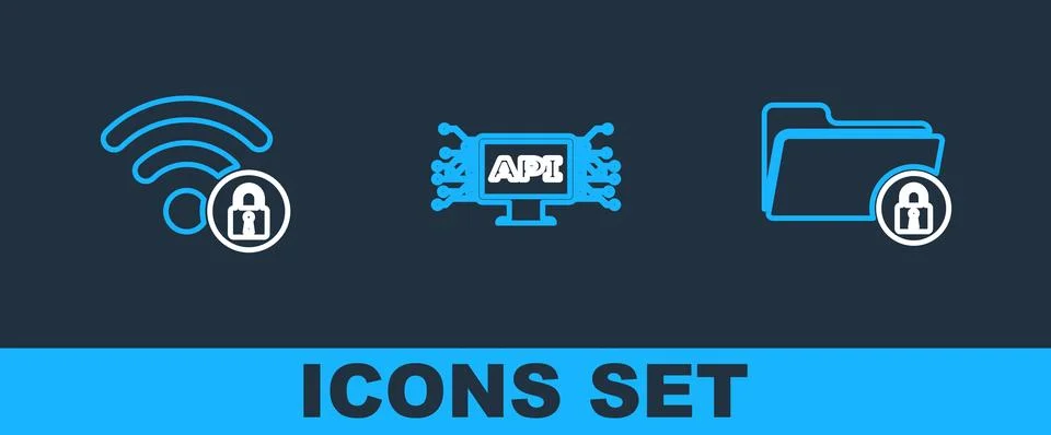 Set line Folder and lock, Wifi locked and Computer api interface icon. Vector Stock Illustration