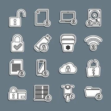 Set line Folder and lock, Broken or cracked, Wifi locked, Laptop, USB flash.. Stock Illustration