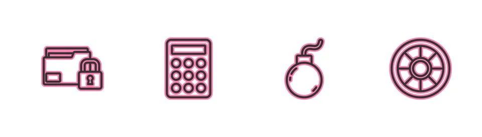 Set line Folder and lock, Bomb ready to explode, Password protection and Sa.. Stock Illustration