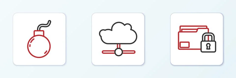 Set line Folder and lock, Bomb ready to explode and Network cloud connectio.. Stock Illustration