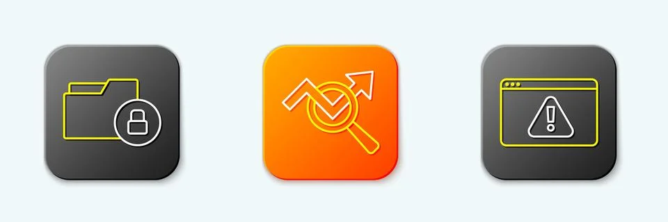 Set line Folder and lock, Search data analysis and Browser with exclamation.. Illustrazione stock