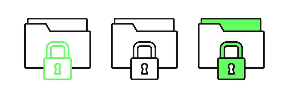 Set line Folder and lock icon isolated on white background. Closed folder a.. Stock Illustration