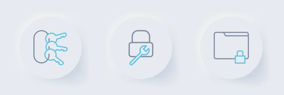 Set line Folder and lock, Lock repair and Bunch of keys icon. Vector Stock Illustration