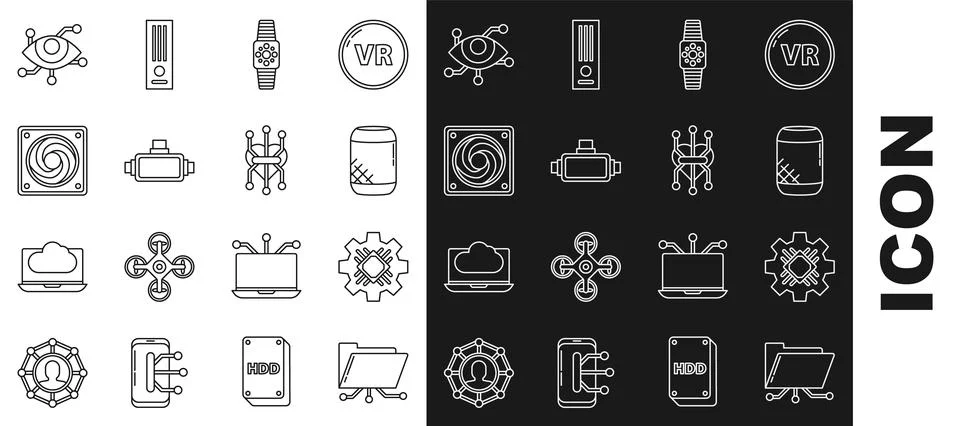 Set line Folder and lock, Processor, Voice assistant, Smartwatch, Virtual r.. Ilustração Stock