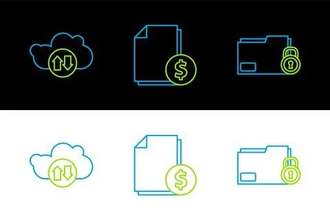Set line Folder and lock, Cloud download upload and Finance document icon. .. Illustrazione stock