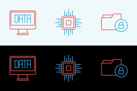 Set line Folder and lock, Data analysis and Processor CPU icon. Vector Stock Illustration