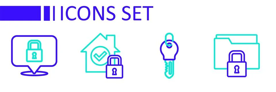 Set line Folder and lock, Key, House under protection and Lock icon. Vector Illustrazione stock
