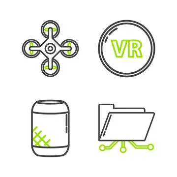 Set line Folder and lock, Voice assistant, Virtual reality and Drone icon. .. Illustrazione stock