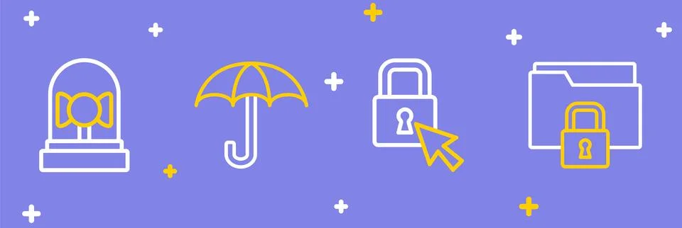 Set line Folder and lock, Lock, Umbrella and Ringing alarm bell icon. Vector Stock Illustration