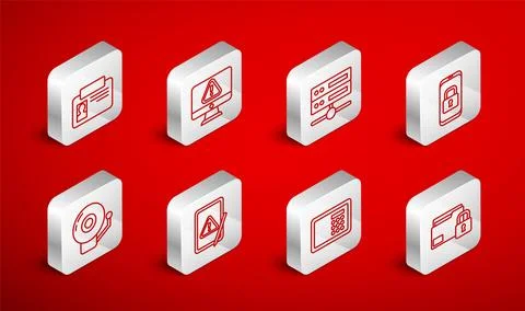 Set line Folder and lock, Monitor with exclamation mark, Server, Data, Web .. Illustrazione stock