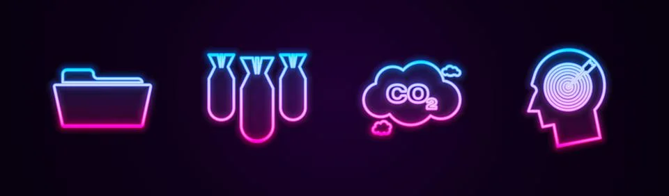 Set line Folder, Aviation bombs, CO2 emissions in cloud and Head hunting concept Stock Illustration