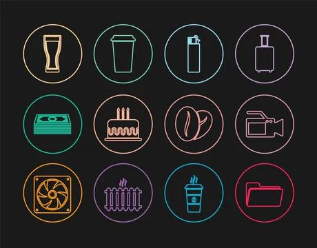 Set line Folder, Cinema camera, Lighter, Cake with burning candles, Stacks .. Illustrazione stock