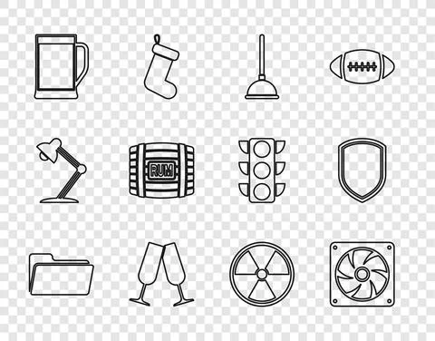 Set line Folder, Computer cooler, Rubber plunger, Glasses of champagne, beer 스톡 일러스트