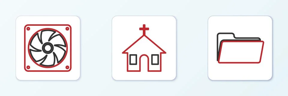 Set line Folder, Computer cooler and Church building icon. Vector Illustrazione stock