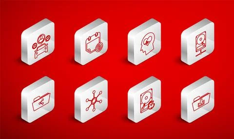Set line Folder download, Financial calendar, Head with heartbeat, Hard disk Stock Illustration