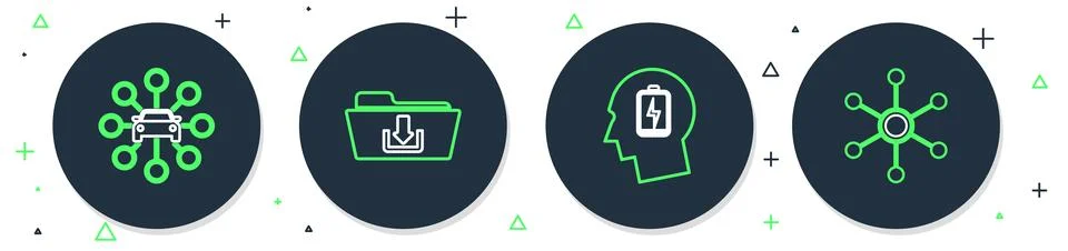 Set line Folder download, Head with low battery, Car sharing and Network ic.. 스톡 일러스트