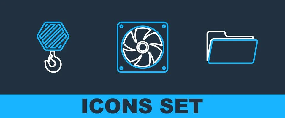 Set line Folder, Industrial hook and Computer cooler icon. Vector Illustrazione stock