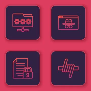 Set line Folder with password, Document and lock, Browser incognito window an Stock Illustration