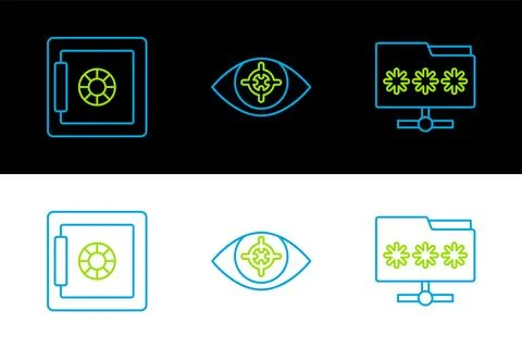 Set line Folder with password, Safe and Eye scan icon. Vector Stock Illustration