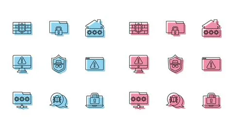 Set line Folder with password, System bug, Shield brick wall, Laptop and lock Stock Illustration