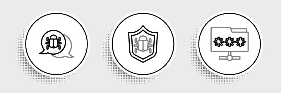 Set line Folder with password, System bug and  icon. Vector Stock-Illustration