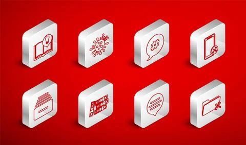 Set line Folder service, Bacteria, Hashtag speech bubble, Mobile, Speech ch.. Stock Illustration