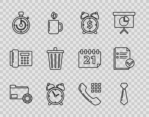 Set line Folder settings with gears, Tie, Alarm clock dollar symbol, Briefcase Stock-Illustration