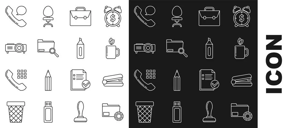 Set line Folder settings with gears, Cup of tea and leaf, Briefcase, Search 스톡 일러스트