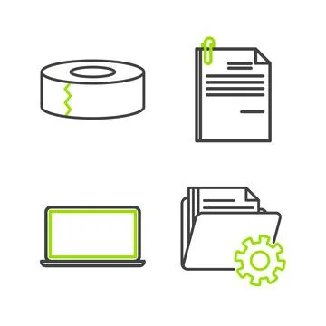 Set line Folder settings with gears, Laptop, File document and paper clip and Illustrazione stock