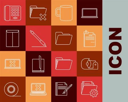 Set line Folder settings with gears, Scotch, File document and binder clip, C Stock Illustration