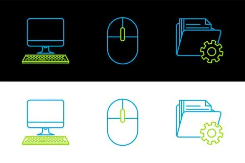 Set line Folder settings with gears, Computer monitor keyboard and mouse icon Illustrazione stock