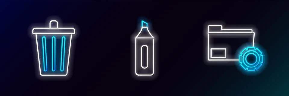 Set line Folder settings with gears, Trash can and Marker pen icon. Glowing neon Stock-Illustration